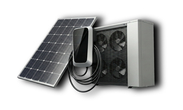 Solarmodul, schwarze Wallbox-Ladestation und graue Wärmepumpe mit drei Ventilatoren vor weißem Hintergrund.