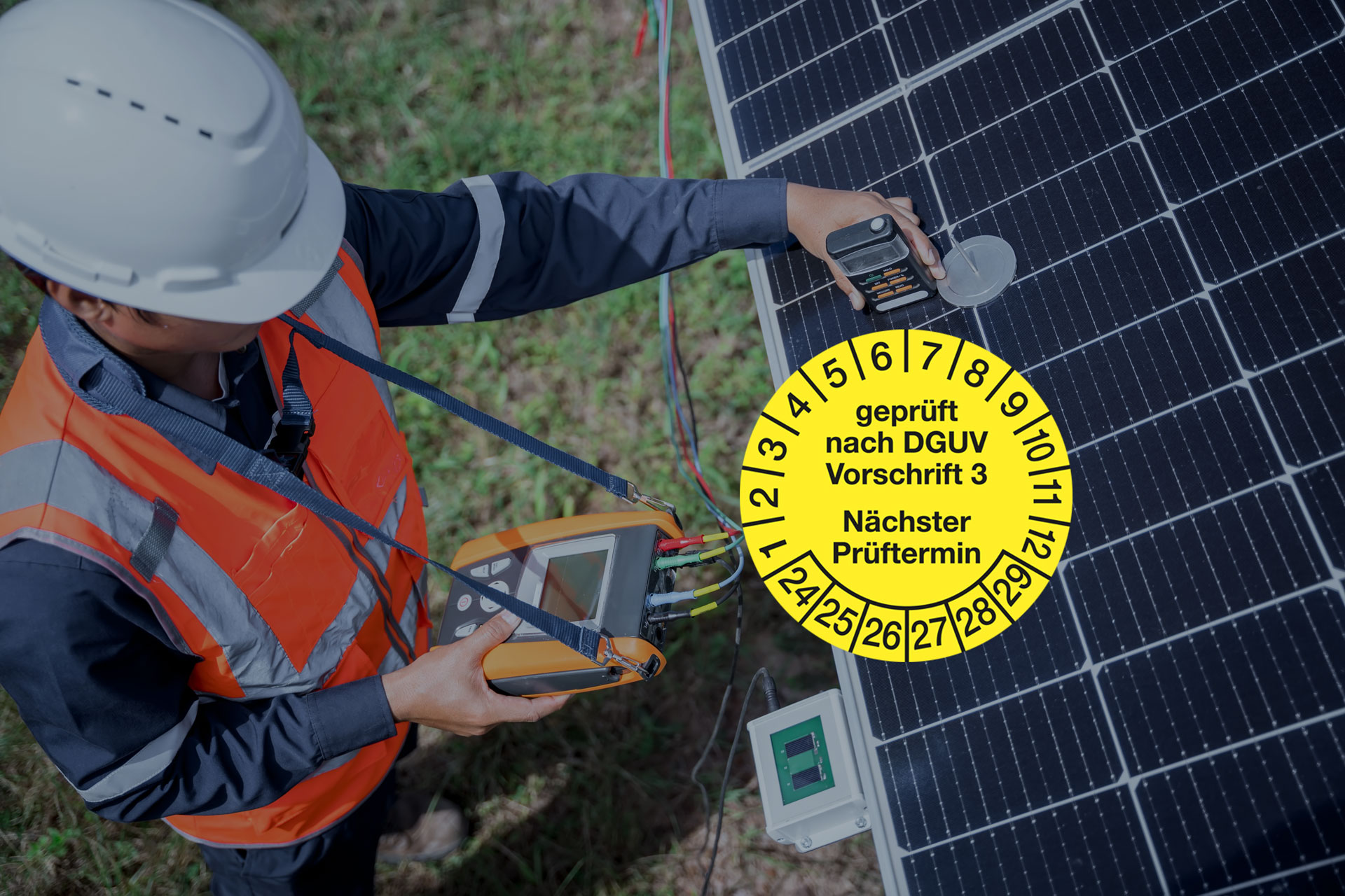 Servicetechniker in Schutzhelm und Warnweste misst an einem Solarmodul mit Pruefgeraet; eingeblendet ist eine gelbe Plakette „geprueft nach DGUV Vorschrift 3