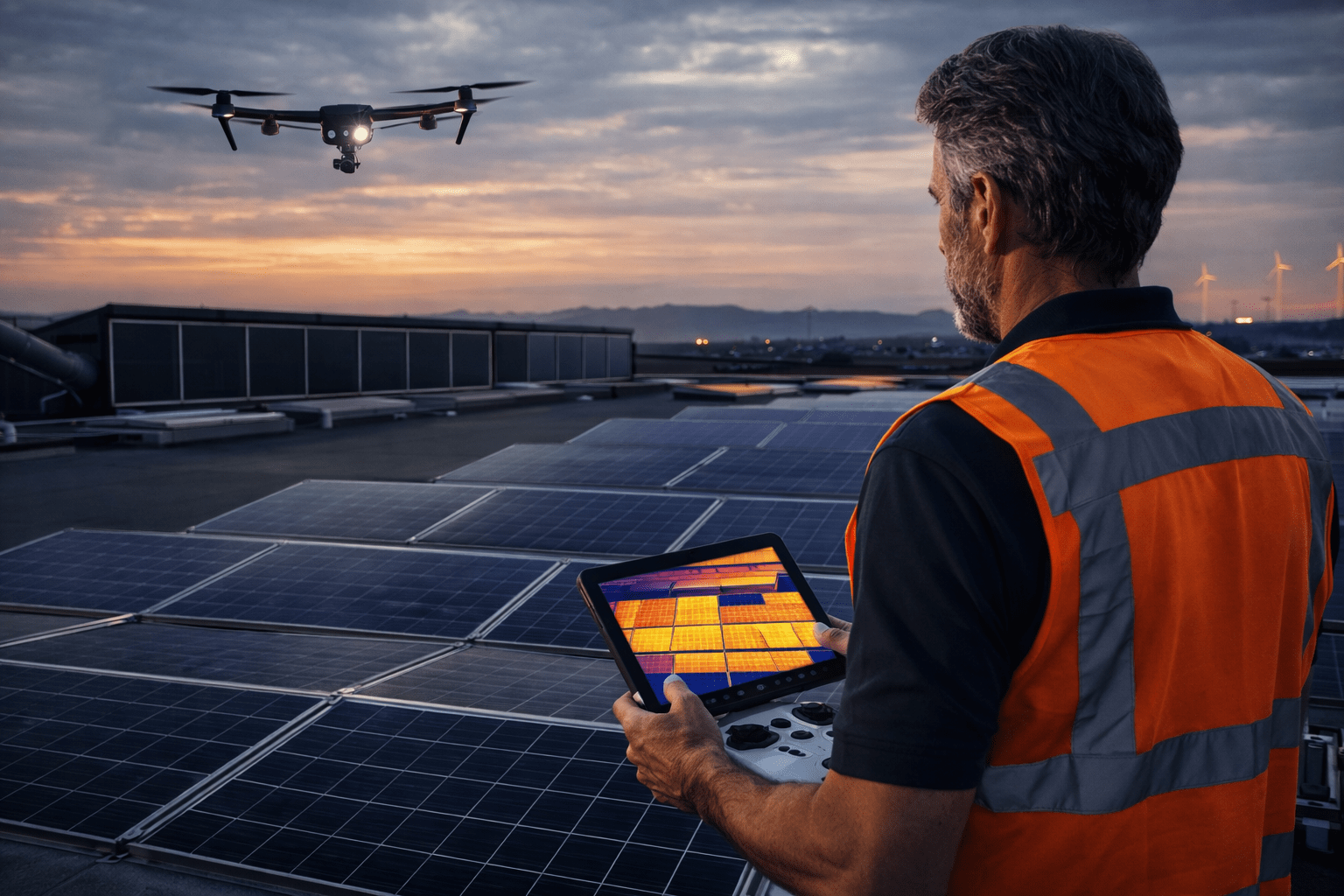 Techniker mit Warnweste steuert Drohne über Solaranlage und betrachtet Thermografiebild auf Tablet in der Dämmerung.