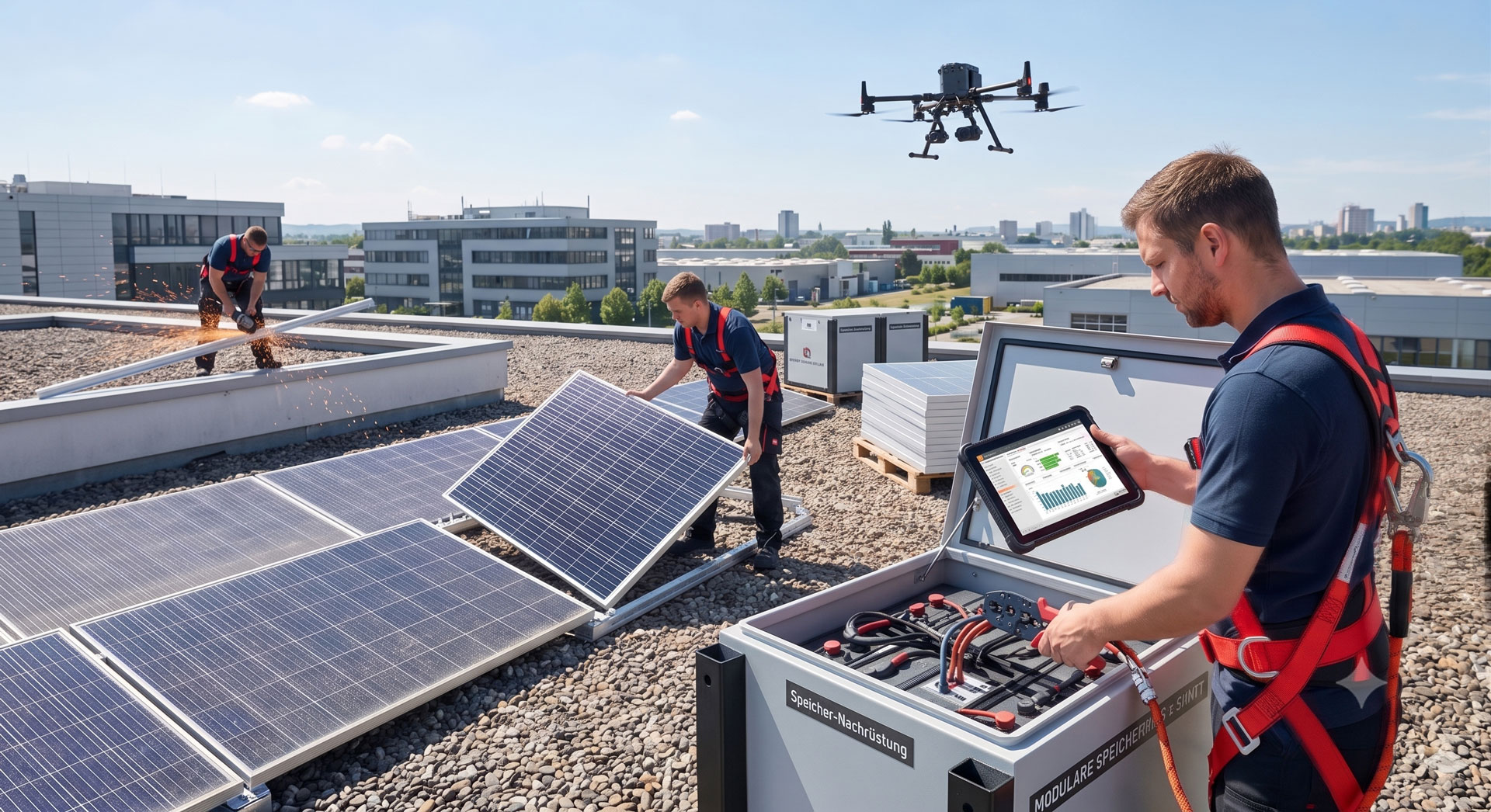 Professionelles Serviceteam arbeitet auf einem Dach an der Installation und Wartung von Photovoltaik-Modulen und einem offenen Batteriespeichersystem labeled 'Speicher-Nachrüstung'. Ein Techniker im Vordergrund bedient ein Tablet vor einem Schaltschrank.