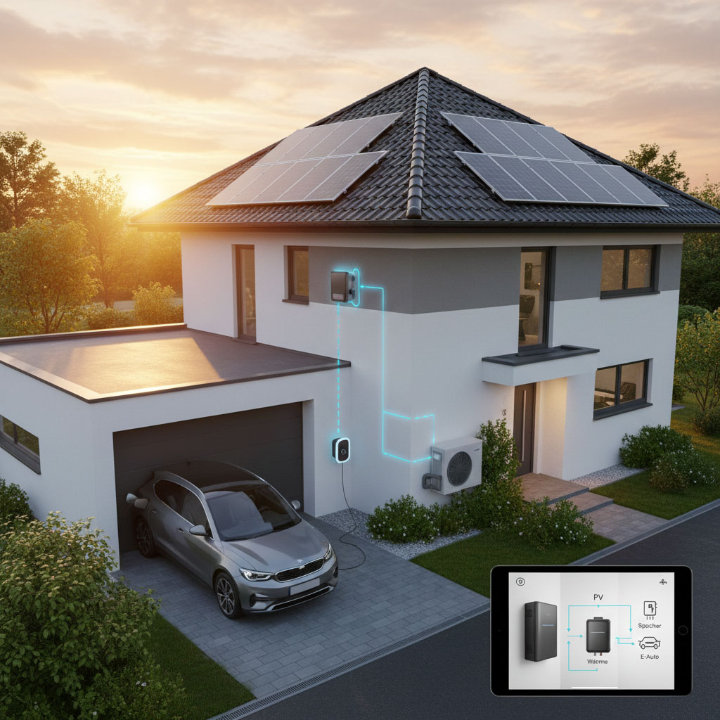 Visualisierung eines Einfamilienhauses mit PV-Modulen, Waermepumpe und Wallbox; blaue Linien zeigen die Vernetzung, ein Tablet zeigt das Energiemanagement.